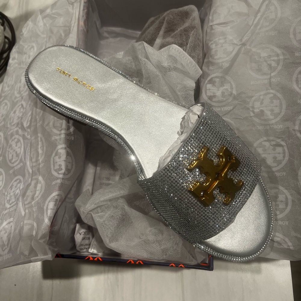 Tory Burch Metallic Silver Sandals with Gold Emblem